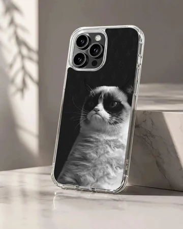 Monochrome photographic print of a famously disgruntled cat on a phone case