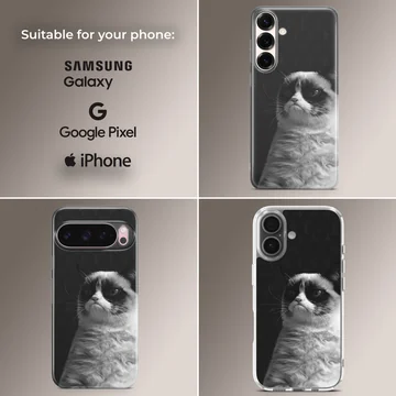 Monochrome photographic print of a famously disgruntled cat on a phone case — Collage