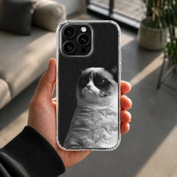 Monochrome photographic print of a famously disgruntled cat on a phone case — Lifestyle