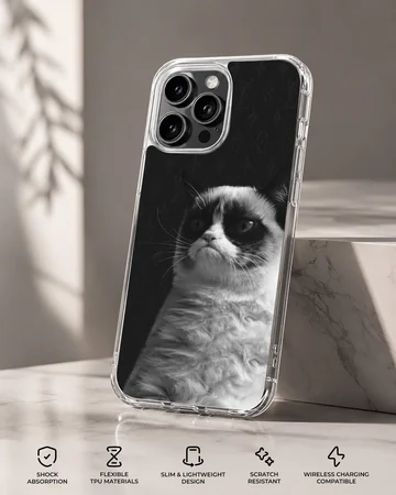 Monochrome photographic print of a famously disgruntled cat on a phone case — Specs