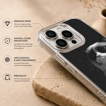 Monochrome photographic print of a famously disgruntled cat on a phone case — Info
