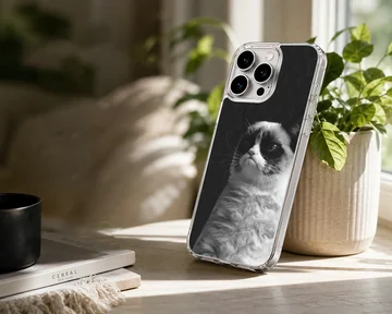 Monochrome photographic print of a famously disgruntled cat on a phone case — Lifestyle