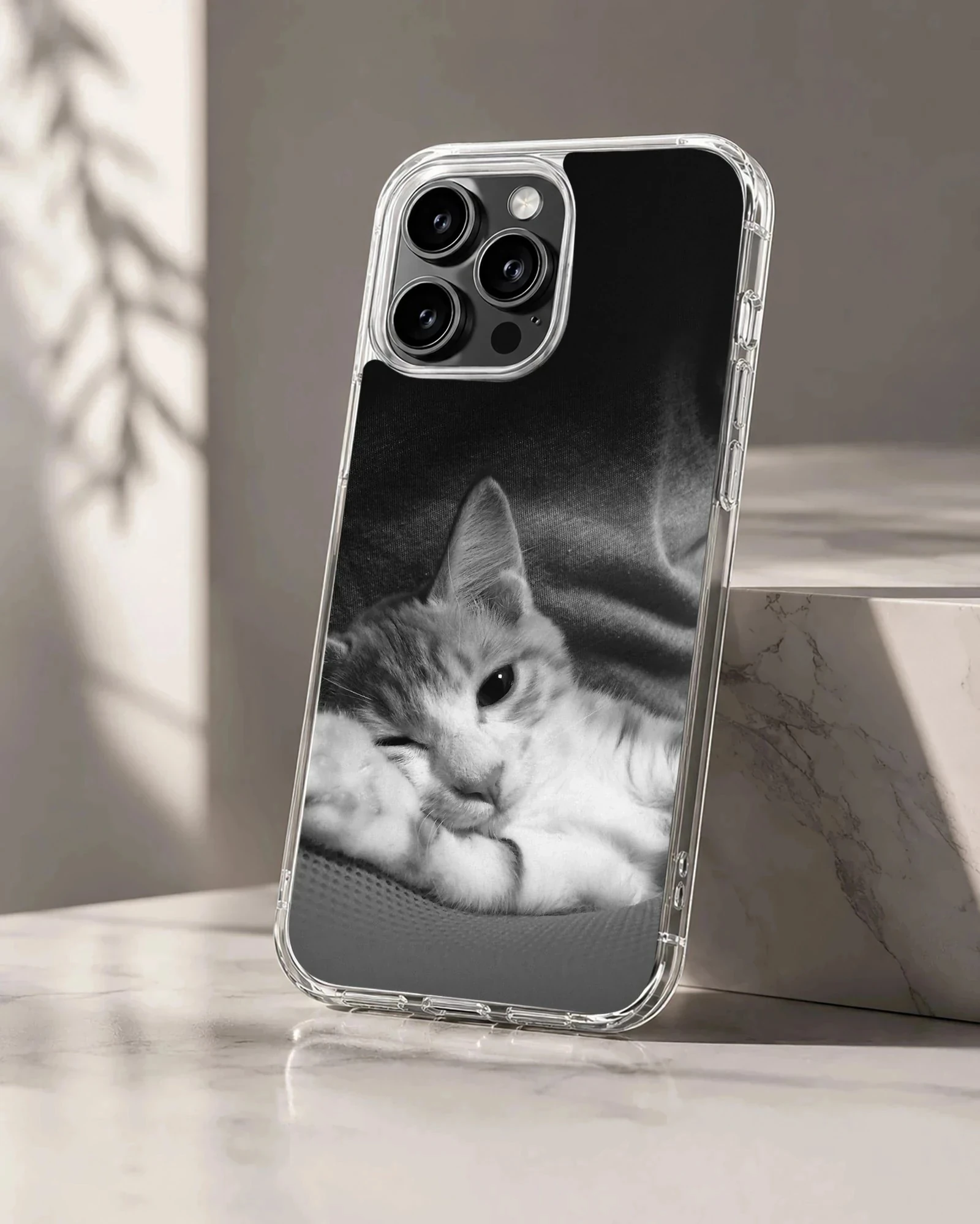 Monochrome photographic print of a sleepy resting cat on a matte phone case