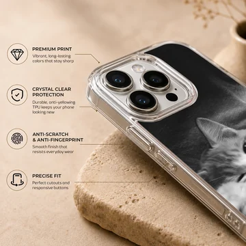 Monochrome photographic print of a sleepy resting cat on a matte phone case — Info