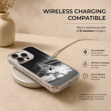 Monochrome photographic print of a sleepy resting cat on a matte phone case — Charging