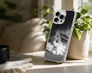 Monochrome photographic print of a sleepy resting cat on a matte phone case — Lifestyle