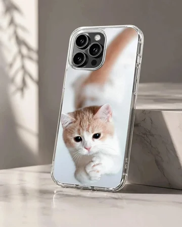 Close-up photographic print of a ginger and white kitten looking up with cute paws on a phone case