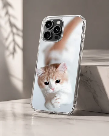 Close-up photographic print of a ginger and white kitten looking up with cute paws on a phone case — Hero