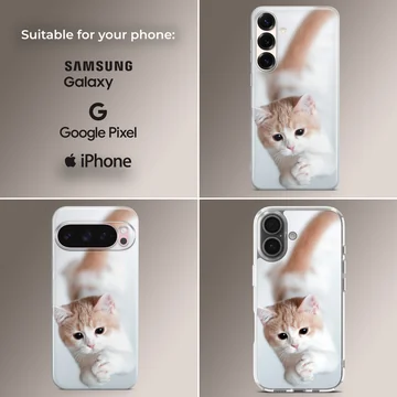 Close-up photographic print of a ginger and white kitten looking up with cute paws on a phone case — Collage
