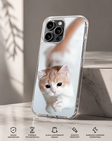 Close-up photographic print of a ginger and white kitten looking up with cute paws on a phone case — Specs