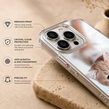 Close-up photographic print of a ginger and white kitten looking up with cute paws on a phone case — Info