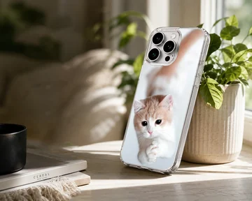 Close-up photographic print of a ginger and white kitten looking up with cute paws on a phone case — Lifestyle