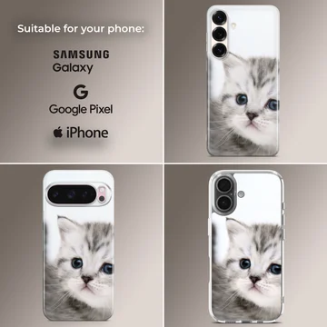 Close-up photographic print of a fluffy grey kitten with wide blue eyes on a phone case — Collage