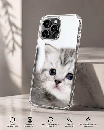 Close-up photographic print of a fluffy grey kitten with wide blue eyes on a phone case — Specs