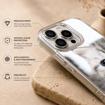 Close-up photographic print of a fluffy grey kitten with wide blue eyes on a phone case — Info