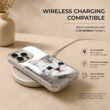 Close-up photographic print of a fluffy grey kitten with wide blue eyes on a phone case — Charging