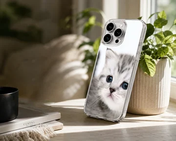 Close-up photographic print of a fluffy grey kitten with wide blue eyes on a phone case — Lifestyle