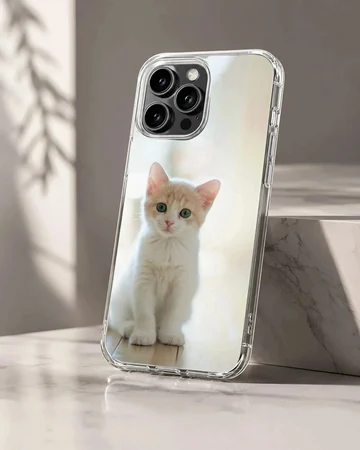 Close-up photographic print of a small white and ginger kitten sitting attentively on a light floor for a phone case
