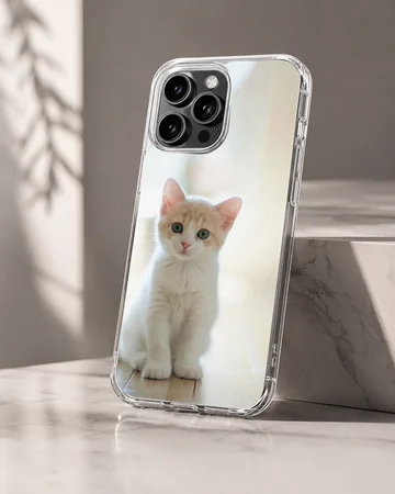 Close-up photographic print of a small white and ginger kitten sitting attentively on a light floor for a phone case — Hero