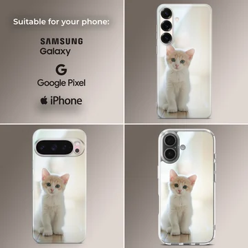 Close-up photographic print of a small white and ginger kitten sitting attentively on a light floor for a phone case — Collage