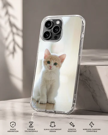 Close-up photographic print of a small white and ginger kitten sitting attentively on a light floor for a phone case — Specs