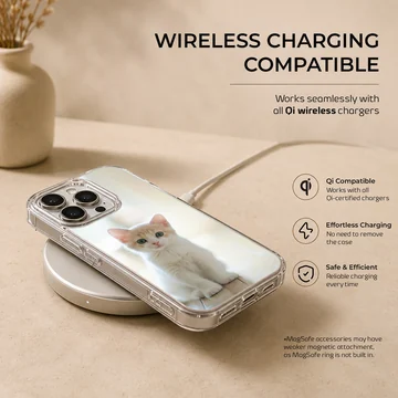 Close-up photographic print of a small white and ginger kitten sitting attentively on a light floor for a phone case — Charging