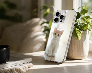 Close-up photographic print of a small white and ginger kitten sitting attentively on a light floor for a phone case — Lifestyle