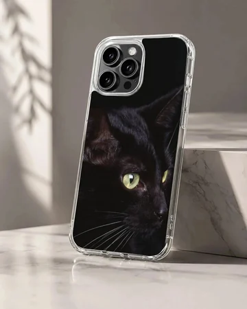 A close-up photographic print of a sleek black cat with bright green eyes and long white whiskers on a phone case