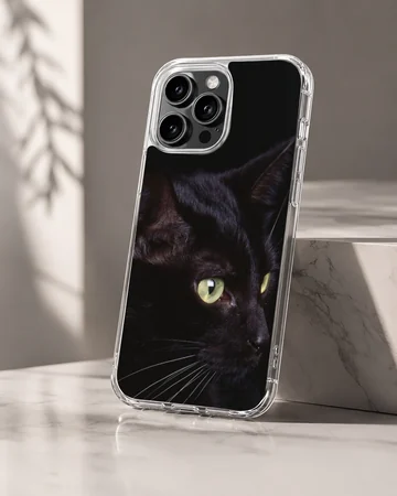A close-up photographic print of a sleek black cat with bright green eyes and long white whiskers on a phone case — Hero