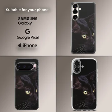 A close-up photographic print of a sleek black cat with bright green eyes and long white whiskers on a phone case — Collage