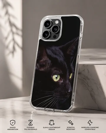 A close-up photographic print of a sleek black cat with bright green eyes and long white whiskers on a phone case — Specs