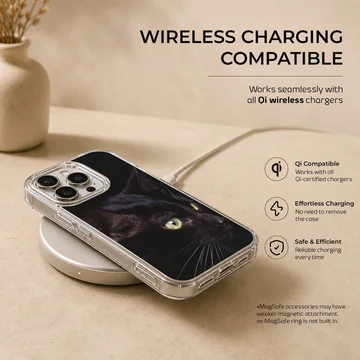 A close-up photographic print of a sleek black cat with bright green eyes and long white whiskers on a phone case — Charging