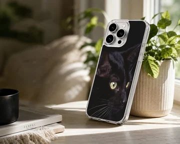 A close-up photographic print of a sleek black cat with bright green eyes and long white whiskers on a phone case — Lifestyle