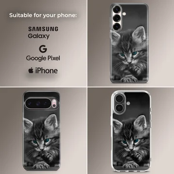 Close-up black and white photograph of a fluffy kitten with striking blue eyes on a phone case — Collage