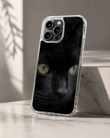 Close-up portrait of a sleek black cat with glowing green-yellow eyes printed on a phone case