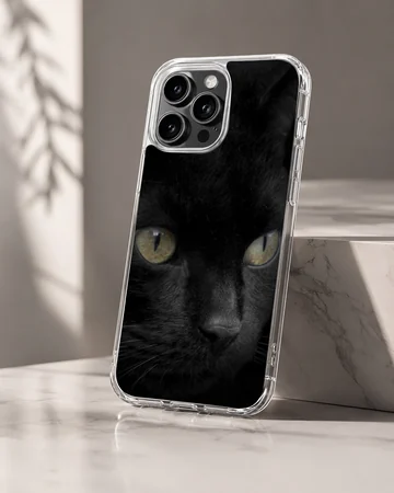 Close-up portrait of a sleek black cat with glowing green-yellow eyes printed on a phone case — Hero