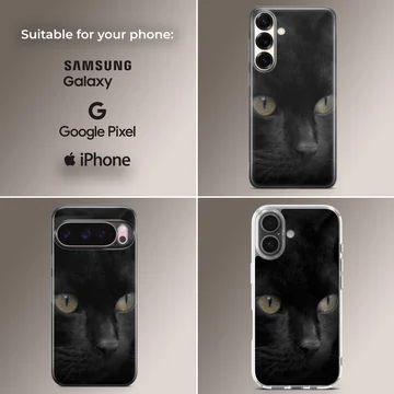Close-up portrait of a sleek black cat with glowing green-yellow eyes printed on a phone case — Collage