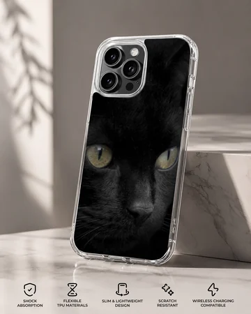 Close-up portrait of a sleek black cat with glowing green-yellow eyes printed on a phone case — Specs