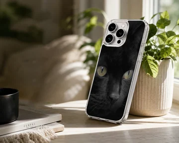 Close-up portrait of a sleek black cat with glowing green-yellow eyes printed on a phone case — Lifestyle