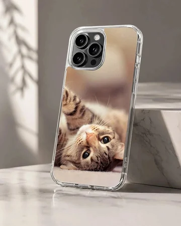 Close up photo of an adorable tabby cat lying on its back on a phone case