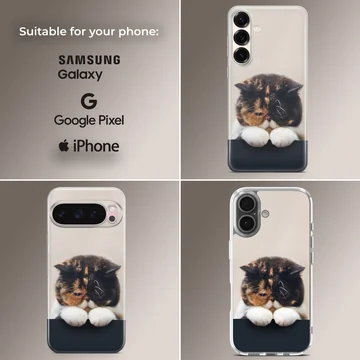 Close-up of a tortoiseshell cat resting its white paws over a dark edge on a phone case — Collage
