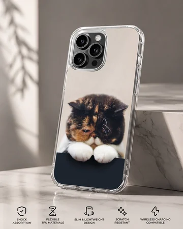 Close-up of a tortoiseshell cat resting its white paws over a dark edge on a phone case — Specs