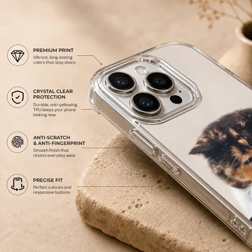 Close-up of a tortoiseshell cat resting its white paws over a dark edge on a phone case — Info