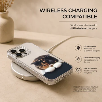 Close-up of a tortoiseshell cat resting its white paws over a dark edge on a phone case — Charging