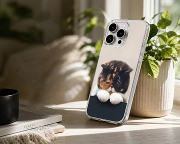 Close-up of a tortoiseshell cat resting its white paws over a dark edge on a phone case — Lifestyle