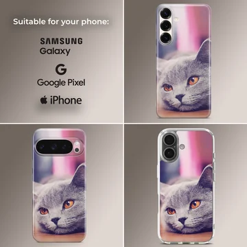 Close-up photographic print of a grey cat with bright amber eyes on a phone case — Collage