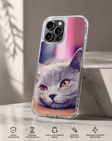 Close-up photographic print of a grey cat with bright amber eyes on a phone case — Specs