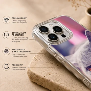 Close-up photographic print of a grey cat with bright amber eyes on a phone case — Info