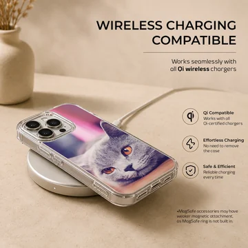 Close-up photographic print of a grey cat with bright amber eyes on a phone case — Charging