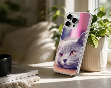Close-up photographic print of a grey cat with bright amber eyes on a phone case — Lifestyle